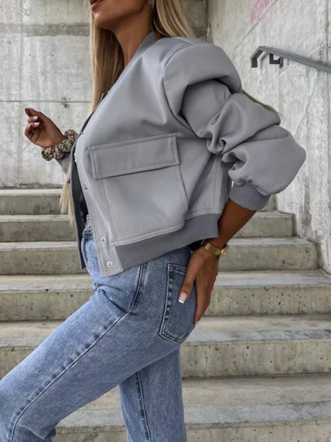 Baseball Collar Dropped Shoulder Jacket - Trendsi - Flyclothing LLC