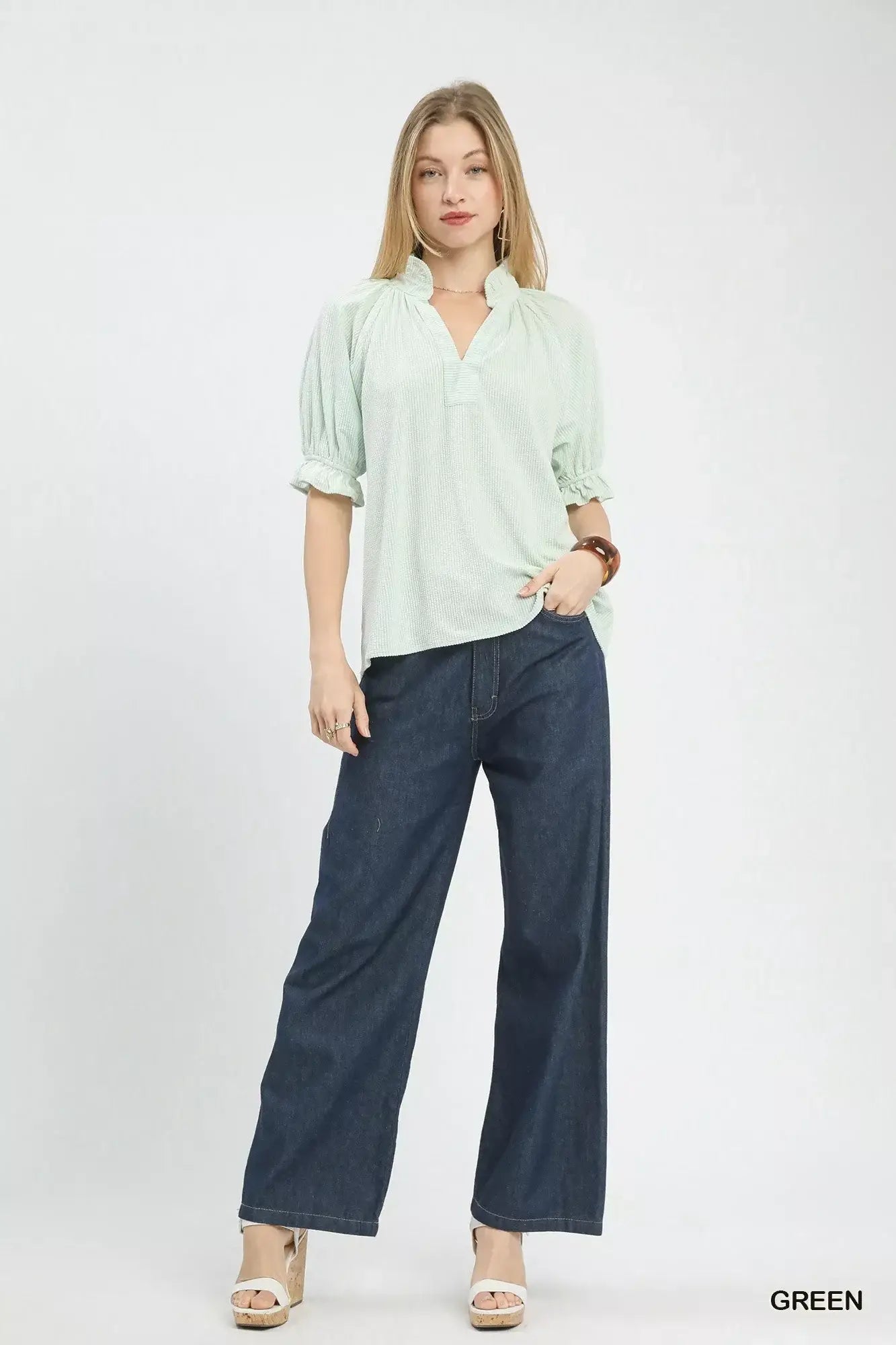 Umgee Textured Ruffle Sleeve V-Neck Top - Trendsi - Flyclothing LLC