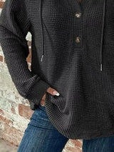 Full Size Button Detail Waffle Knit Hoodie Plus Size - Trendsi - Flyclothing LLC