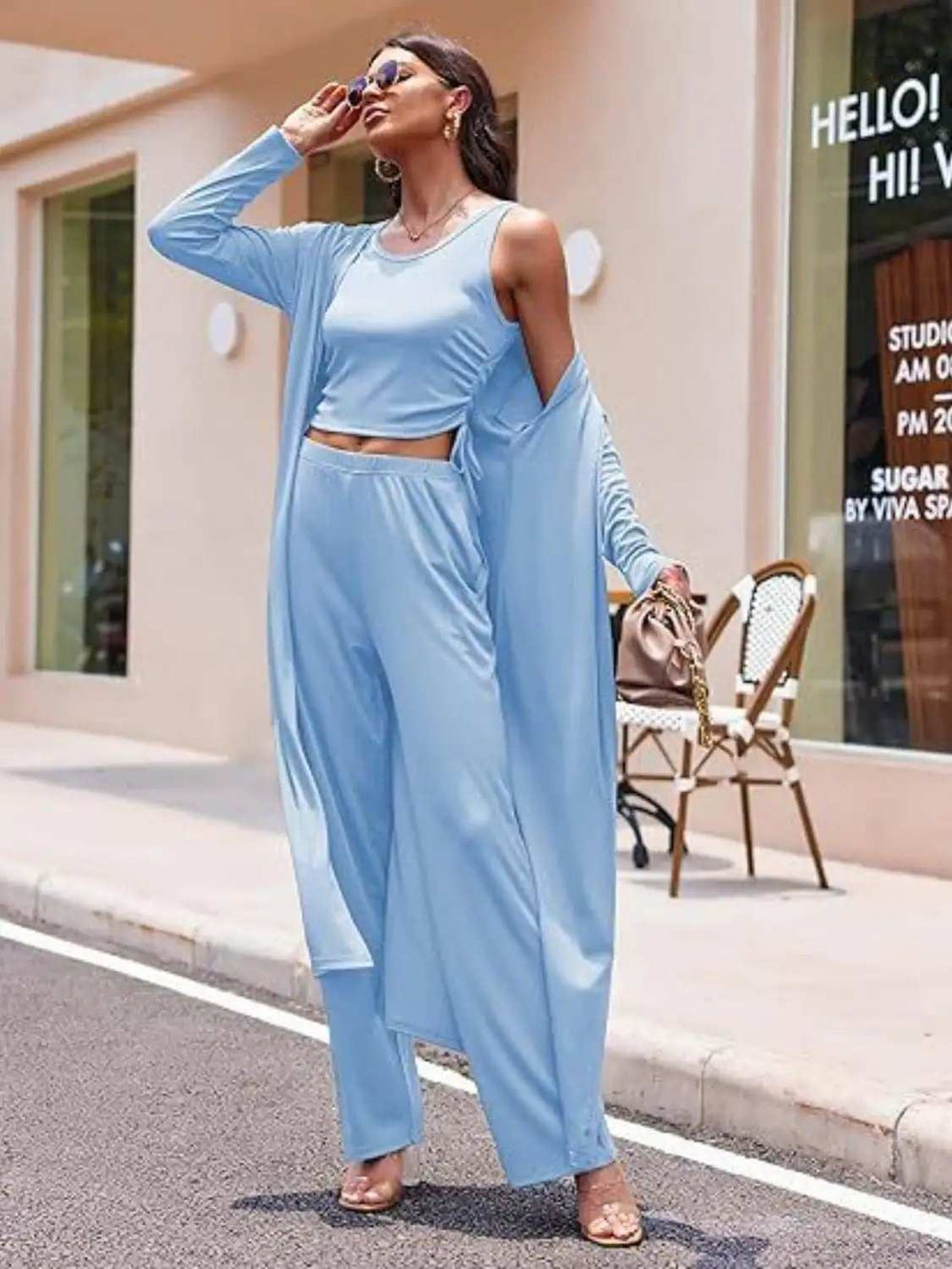 Drawstring Tank, Long Sleeve Cover Up and Pants Set - Trendsi - Flyclothing LLC