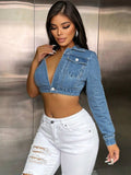 One Shoulder Long Sleeve Cropped Denim Top - Trendsi - Flyclothing LLC