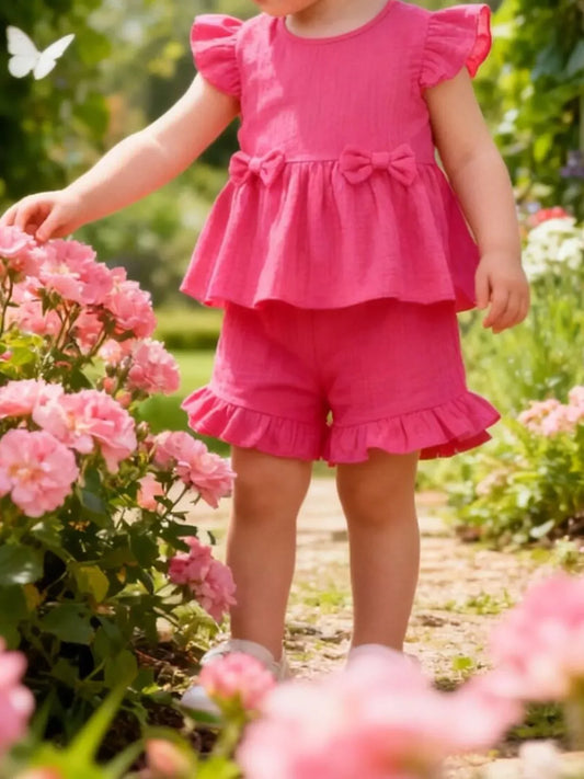 Children's Ruffle Trim Bowknot Top & Shorts Set - Trendsi - Flyclothing LLC