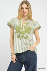 Umgee V-Neck Stripe Top with Lace Trim - Trendsi - Flyclothing LLC