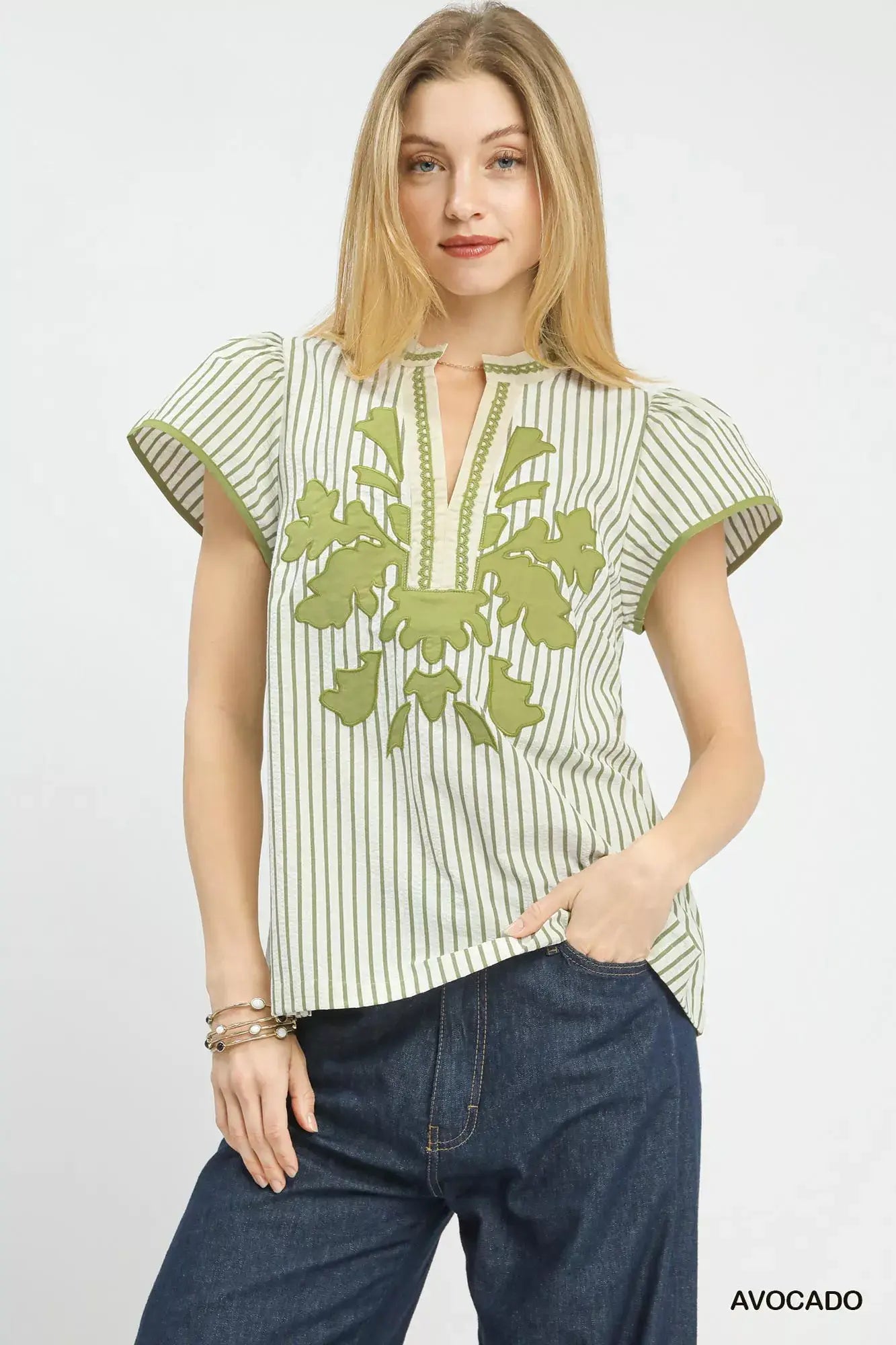 Umgee V-Neck Stripe Top with Lace Trim - Trendsi - Flyclothing LLC