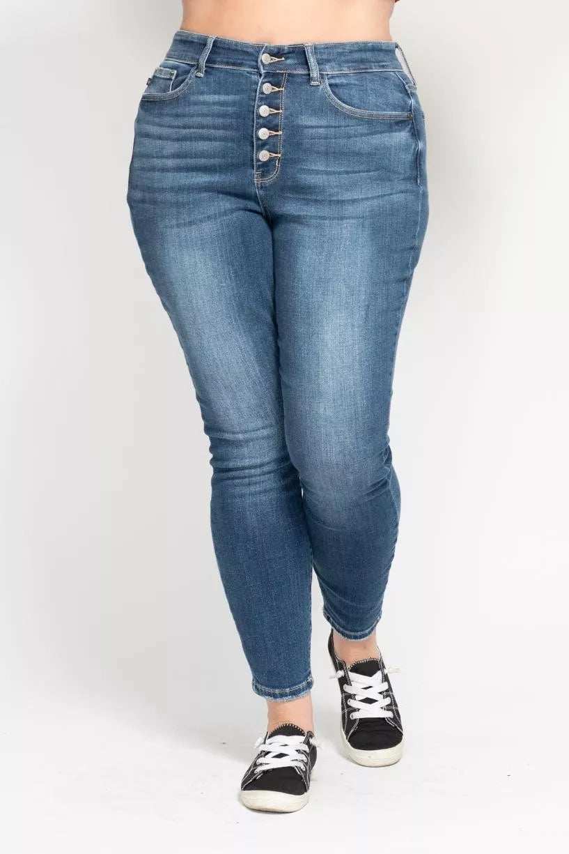 Judy Blue Full Size High Rise Button Fly Skinny Jeans Plus Size - Trendsi - Flyclothing LLC