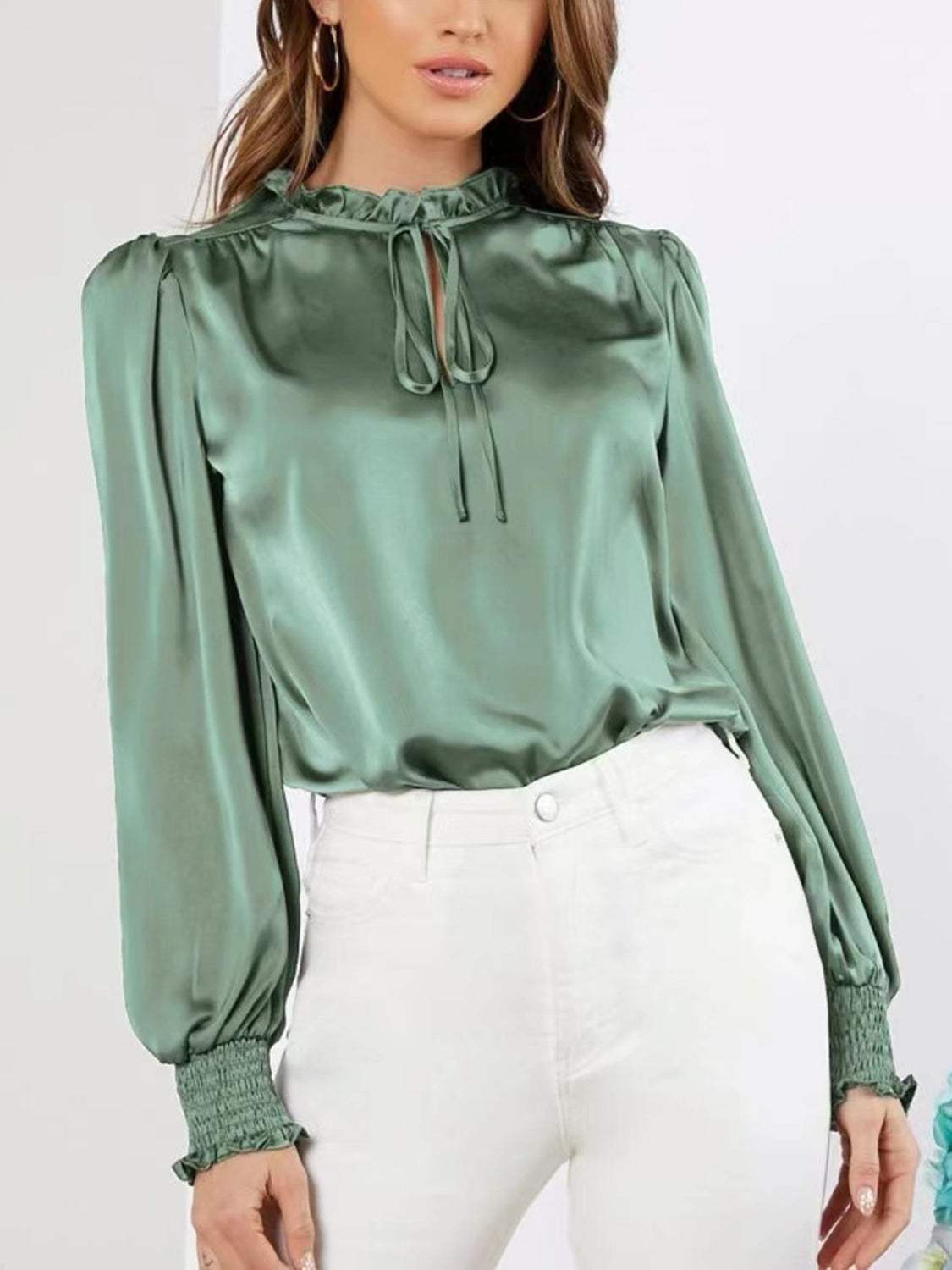 Frill Tied Lantern Sleeve Blouse - Trendsi - Flyclothing LLC
