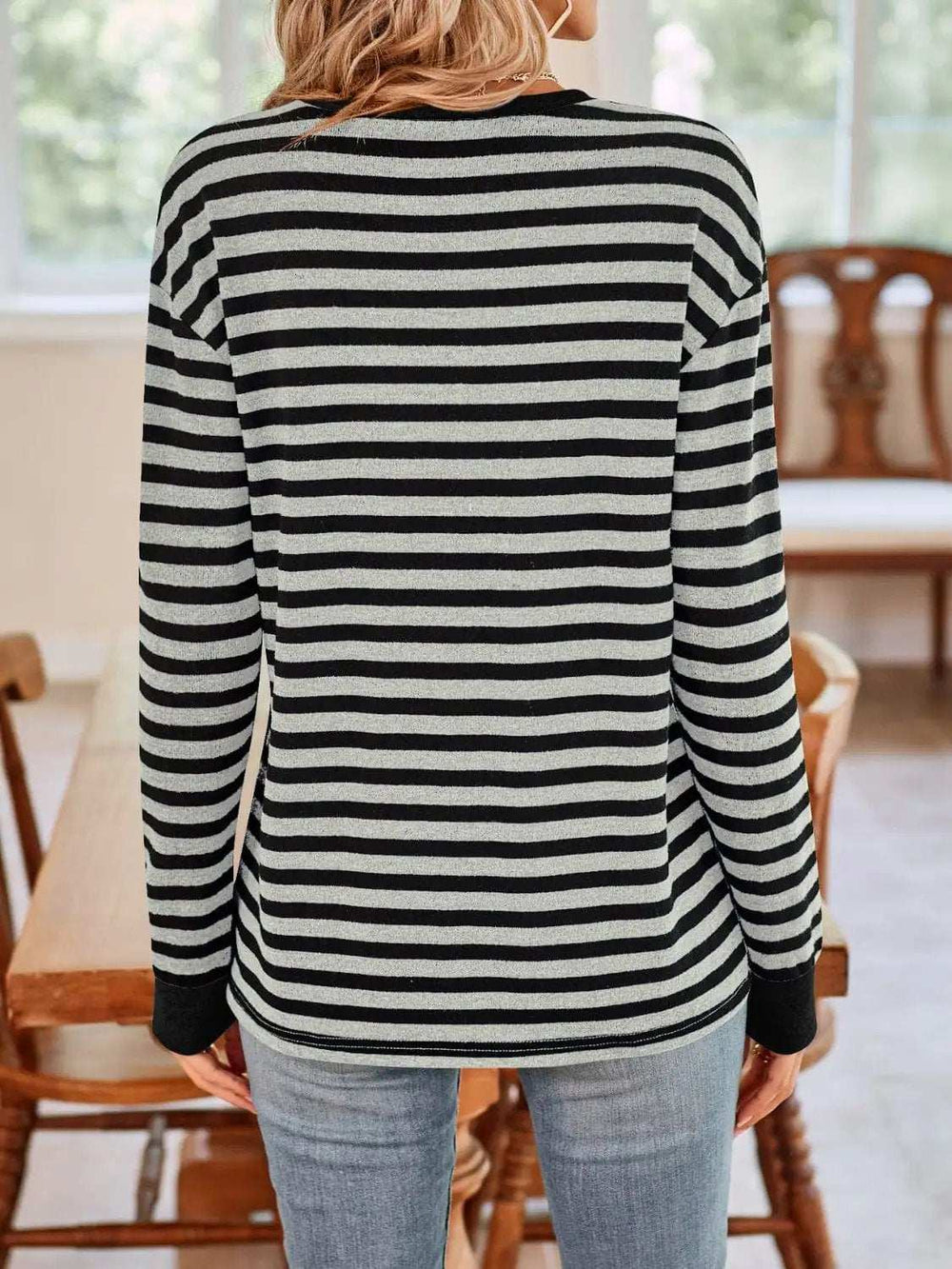 Striped Round Neck Long Sleeve T-Shirt - Trendsi - Flyclothing LLC