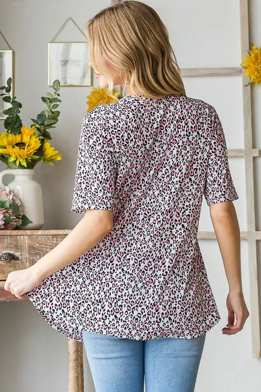 Heimish Full Size Short Sleeve Crisscross Animal Babydoll Top Plus Size - Trendsi - Flyclothing LLC