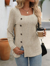 Decorative Button Striped Square Neck Long Sleeve T-Shirt - Trendsi - Flyclothing LLC