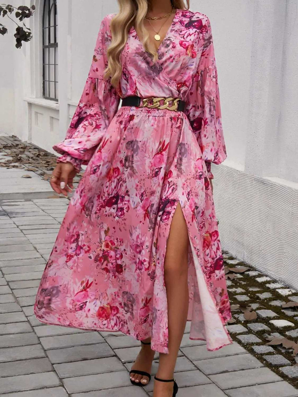 Split Printed Surplice Long Sleeve Midi Dress - Trendsi - Flyclothing LLC