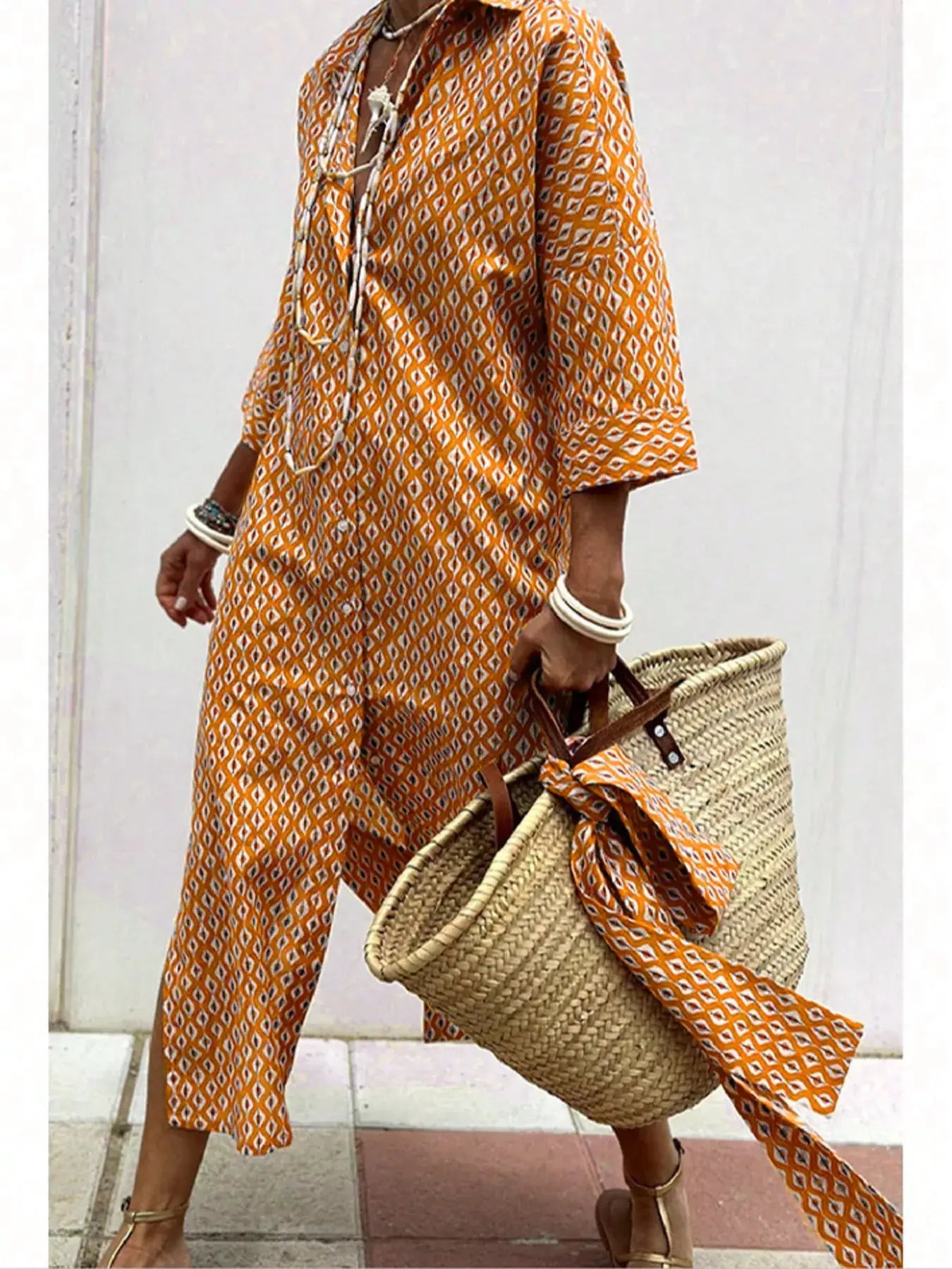 Full Size Printed Button-Down Midi Dress Plus Size - Trendsi - Flyclothing LLC