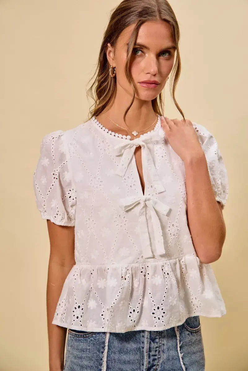 SO ME Cotton Eyelet Front Tie Short Sleeves Blouse - Trendsi - Flyclothing LLC