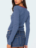 Buttoned Striped Long Sleeve T-Shirt - Trendsi - Flyclothing LLC