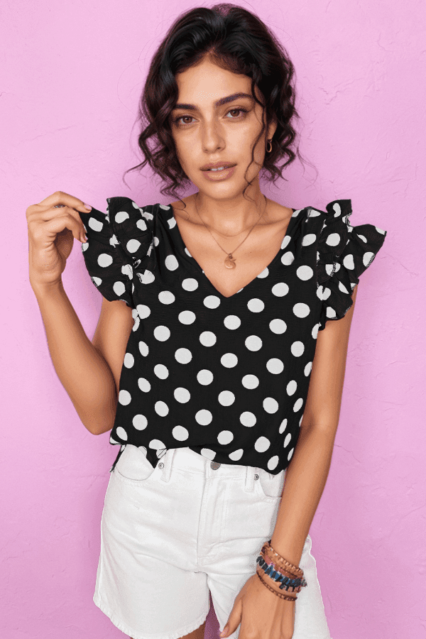Polka Dot V-Neck Ruffle Cap Sleeve Blouse - Trendsi - Flyclothing LLC