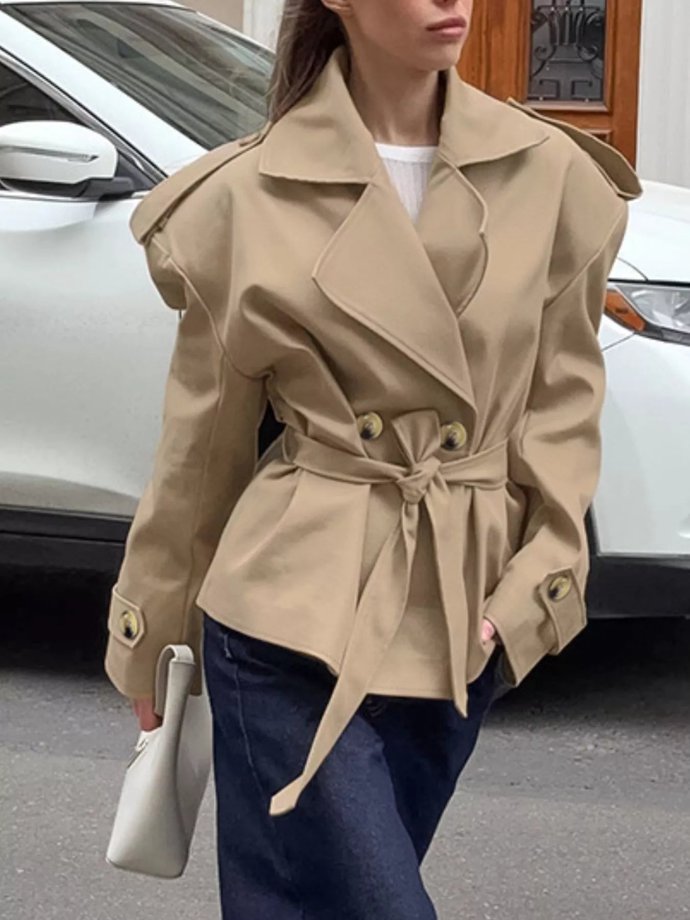 Chic Double-Breasted Belted Trench Coat - Trendsi - Flyclothing LLC
