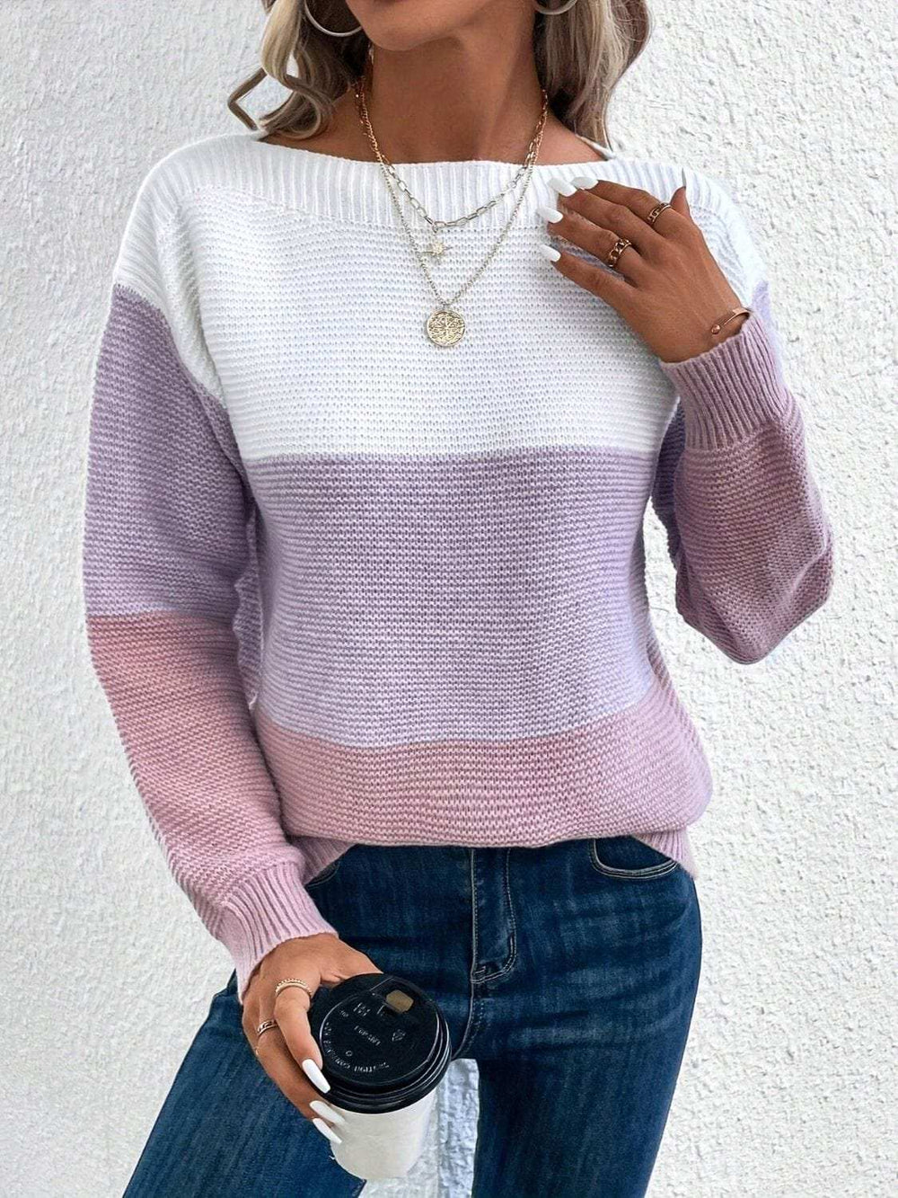 Color Block Boat Neck Sweater - Trendsi - Flyclothing LLC