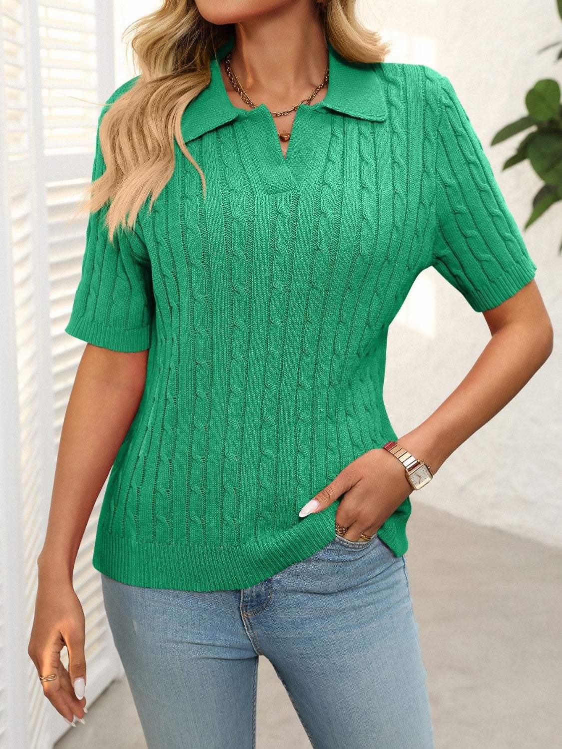 Mandy Cable Knit Johnny Collar Half Sleeve Sweater - Trendsi - Flyclothing LLC