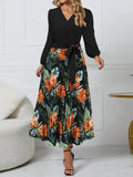 Pleated Printed Surplice Long Sleeve Dress - Trendsi