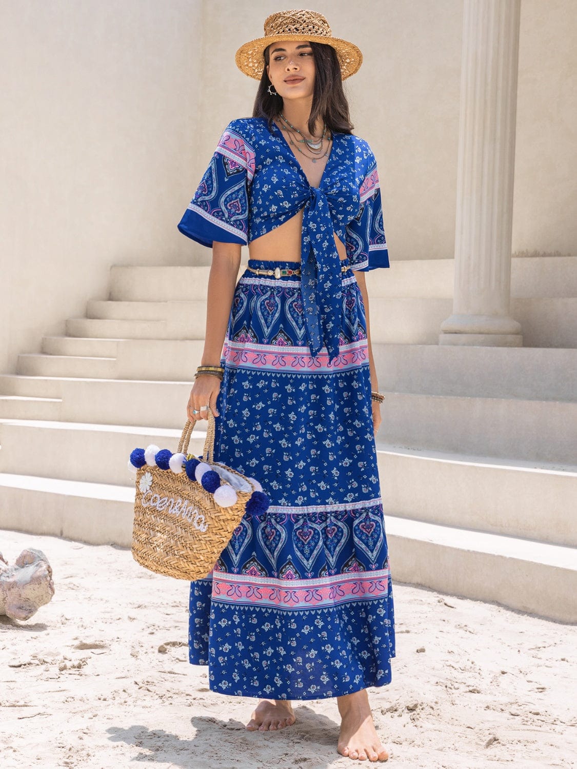 Printed Flutter Sleeve Top and Skirt Set - Trendsi
