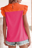 Ruffled Color Block Round Neck Cap Sleeve Blouse - Trendsi - Flyclothing LLC