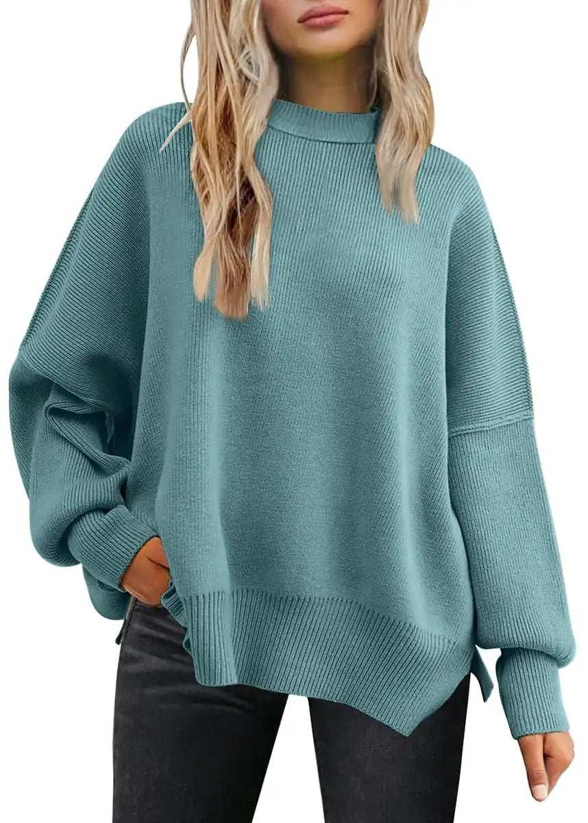 Slit Round Neck Dropped Shoulder Sweater - Trendsi - Flyclothing LLC