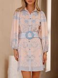 Printed Button Down Shirt Dress with Belt - Trendsi