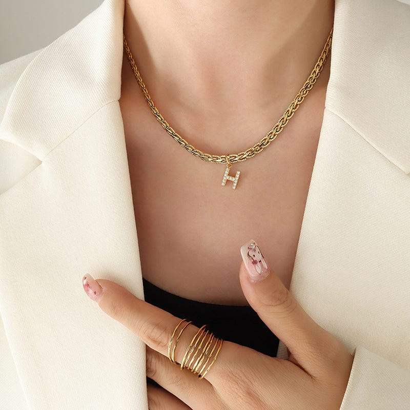 Brass Inlaid Zircon Letter Pendant Necklace - Trendsi - Flyclothing LLC