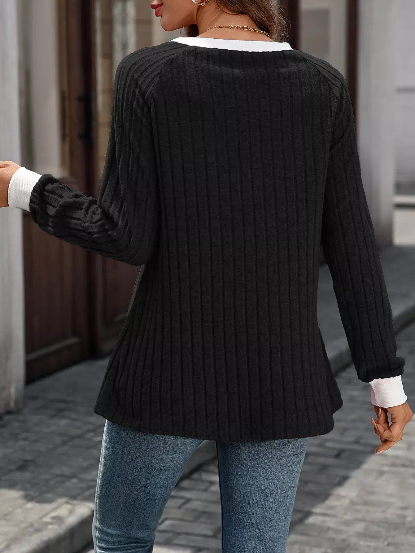 Ribbed Round Neck Raglan Sleeve Knit Top - Trendsi - Flyclothing LLC