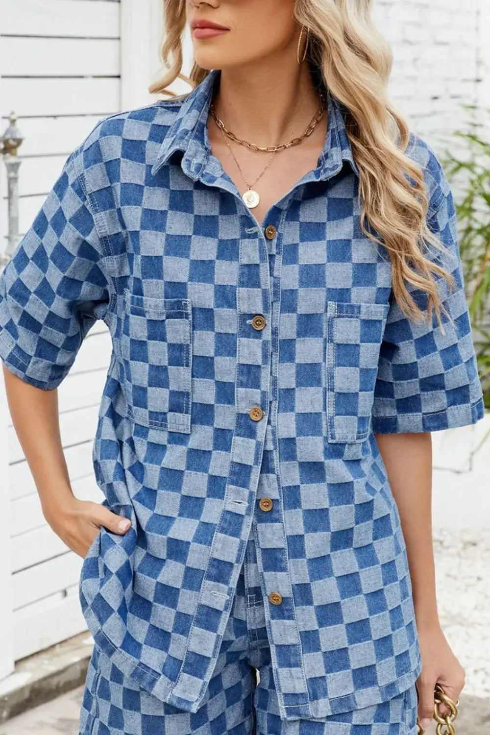 Button Down Checkered Denim Shirt - Trendsi - Flyclothing LLC