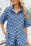 Button Down Checkered Denim Shirt - Trendsi - Flyclothing LLC