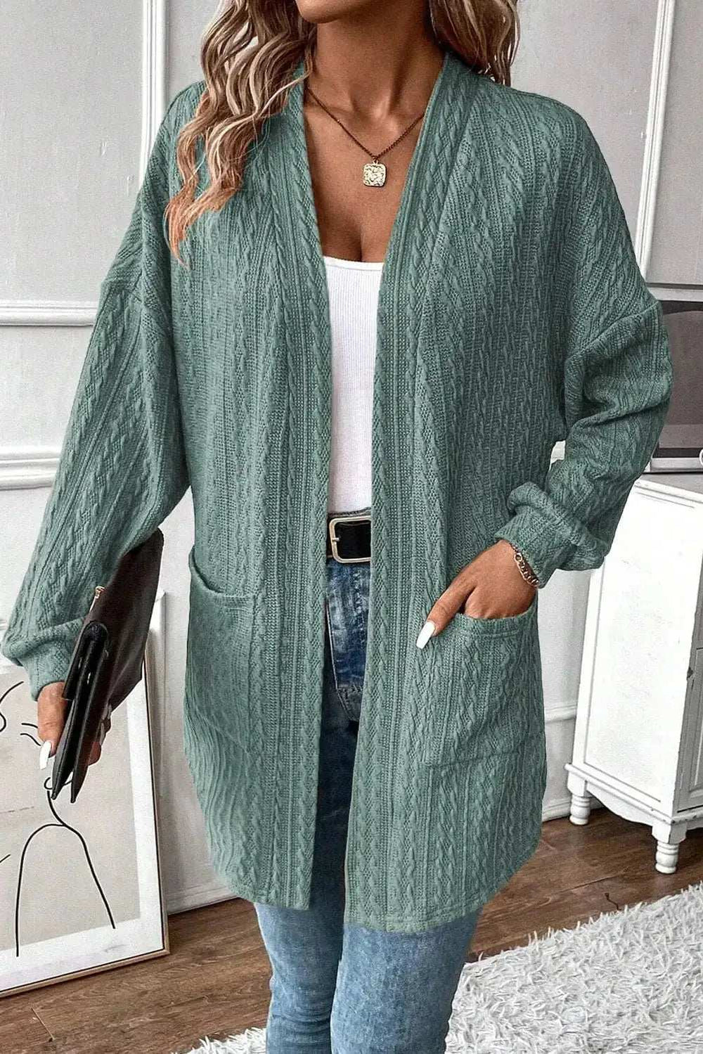 Textured Pocketed Open Front Long Sleeve Cover Up - Trendsi - Flyclothing LLC