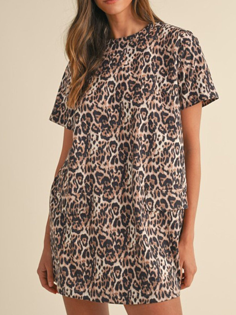 Leopard Round Neck Short Sleeve Mini Dress - Trendsi