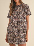 Leopard Round Neck Short Sleeve Mini Dress - Trendsi