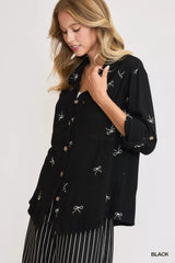 Umgee Linen Blend Fitted Shirt with Ribbon Embroidery Details - Trendsi - Flyclothing LLC