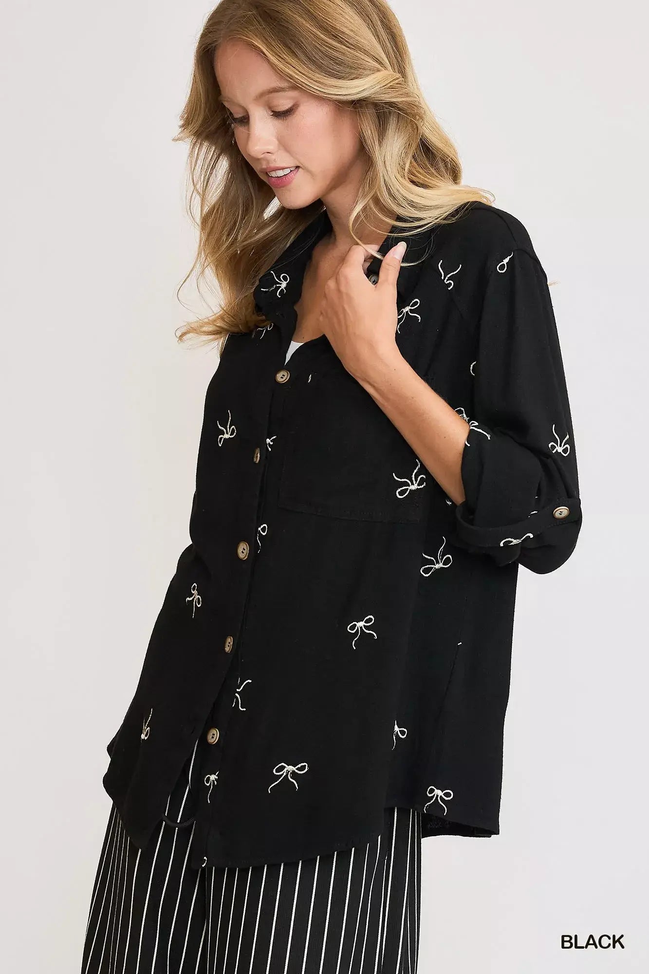 Umgee Linen Blend Fitted Shirt with Ribbon Embroidery Details - Trendsi - Flyclothing LLC