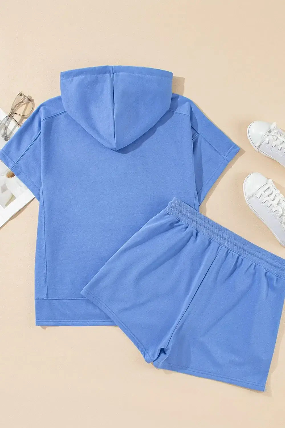 Drawstring Zipped Short Sleeve Hoodie and Shorts Set - Trendsi - Flyclothing LLC