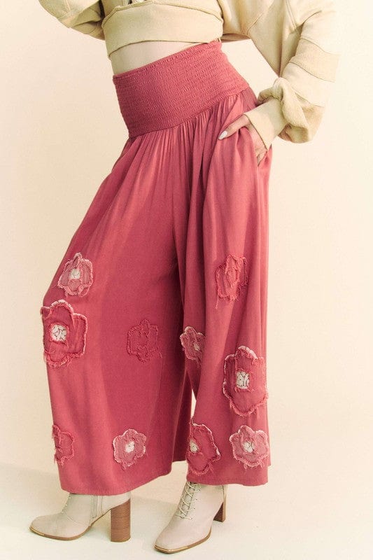 Davi & Dani Smocked Waist Flower Patch Wide Leg Pants - Trendsi