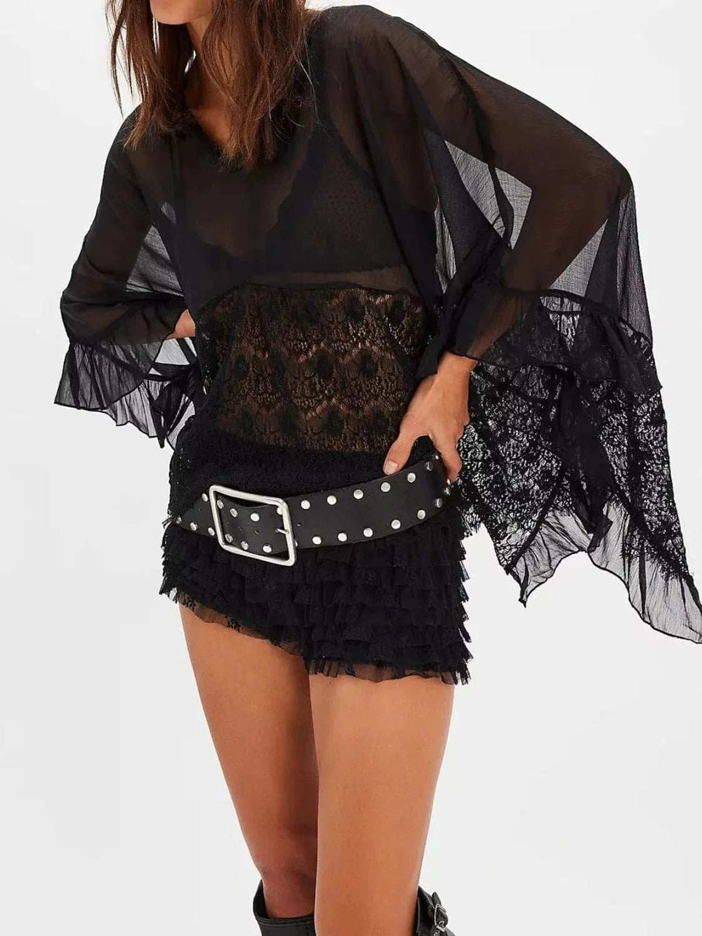Lace V-Neck Ruffle Long Sleeve Cover-Up - Trendsi - Flyclothing LLC