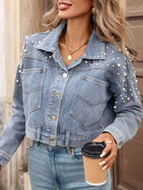 Pearl Embellished Cropped Denim Jacket - Trendsi - Flyclothing LLC