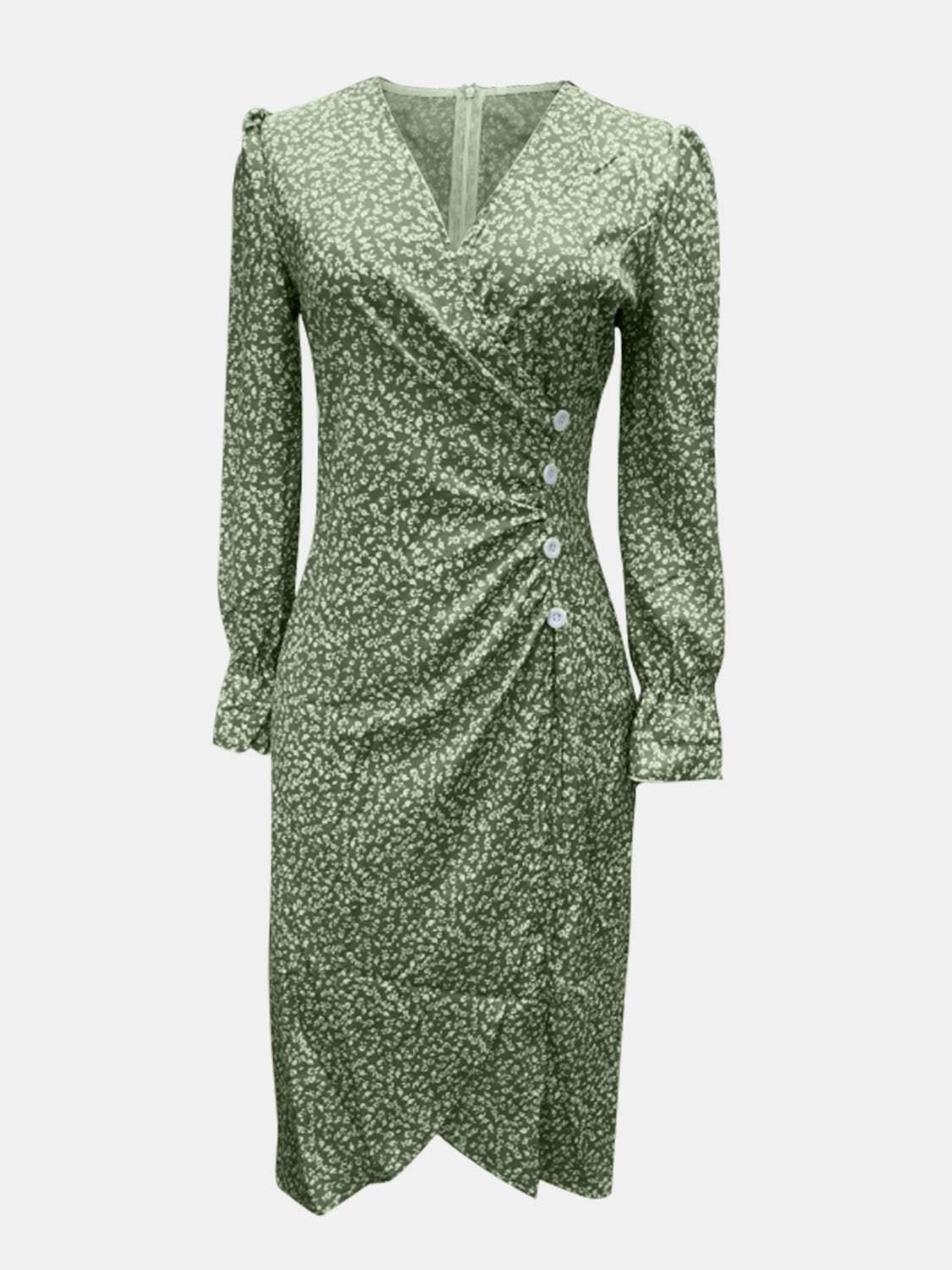 Full Size Printed Surplice Long Sleeve Midi Dress - Trendsi - Flyclothing LLC