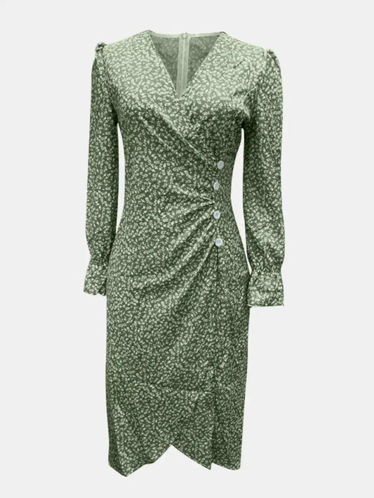 Full Size Printed Surplice Long Sleeve Midi Dress - Trendsi - Flyclothing LLC