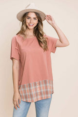 Cotton Bleu by Nu Lab Plaid Contrast Short Sleeve T-Shirt - Trendsi - Flyclothing LLC