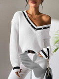 Contrast Trim V-Neck Long Sleeve Sweater - Trendsi - Flyclothing LLC