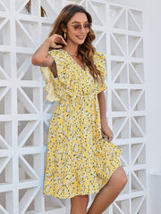 Ruffled Ditsy Floral Surplice Mini Dress - Trendsi