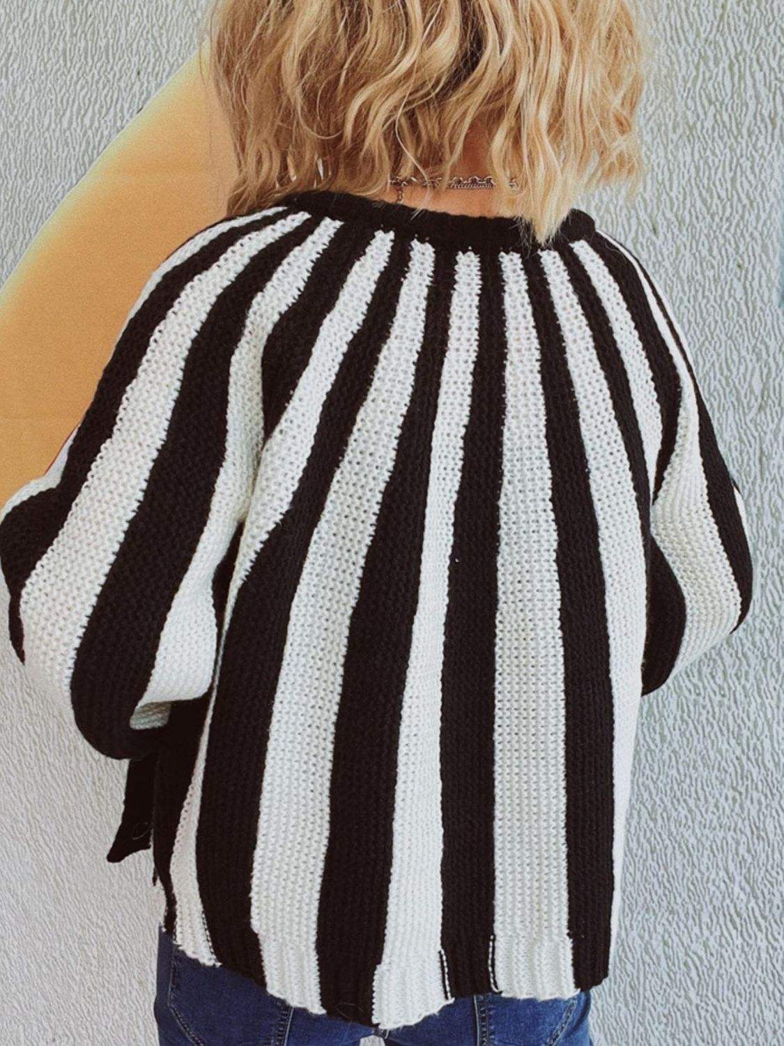 Contrast Stripes Button Down Long Sleeve Cardigan - Trendsi - Flyclothing LLC