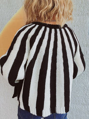 Contrast Stripes Button Down Long Sleeve Cardigan - Trendsi