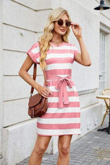 Tied Contrast Striped Short Sleeve Mini Tee Dress - Trendsi - Flyclothing LLC
