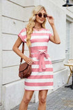 Tied Contrast Striped Short Sleeve Mini Tee Dress - Trendsi - Flyclothing LLC