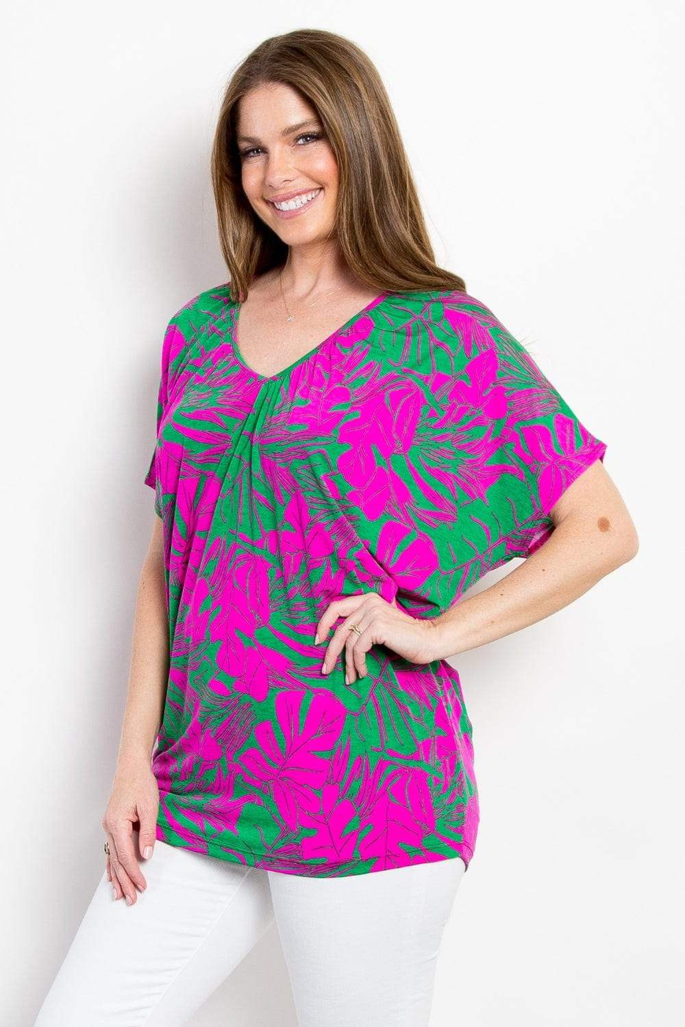 Be Stage Contrast Printed Short Sleeve Top - Trendsi - Flyclothing LLC