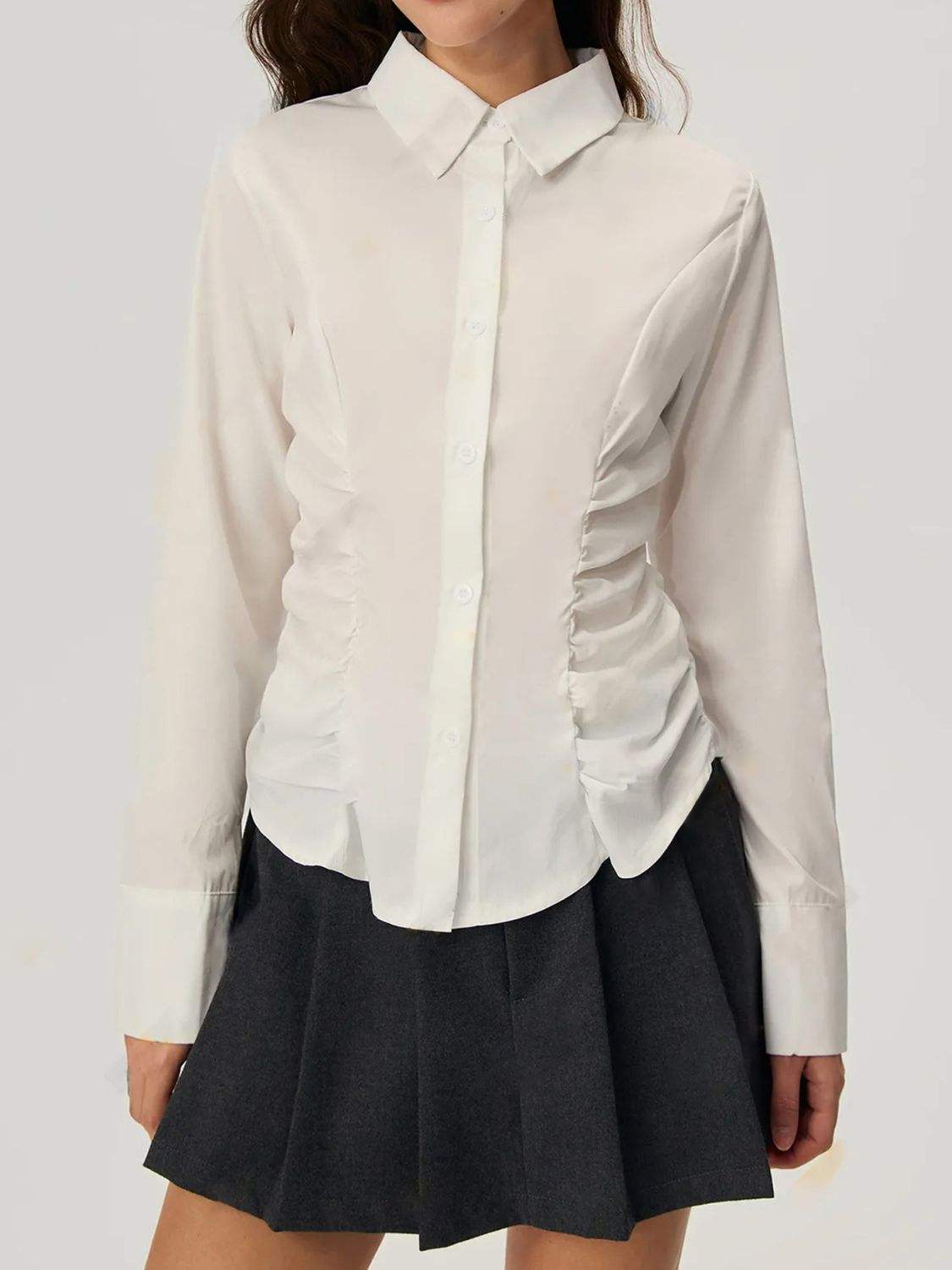 Ruched Button Down Long Sleeve Shirt - Trendsi - Flyclothing LLC